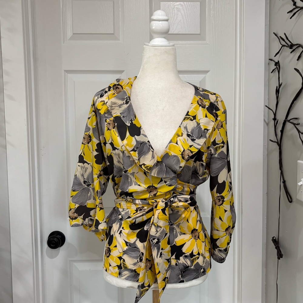 LOFT Yellow and Black Floral Wrap Blouse